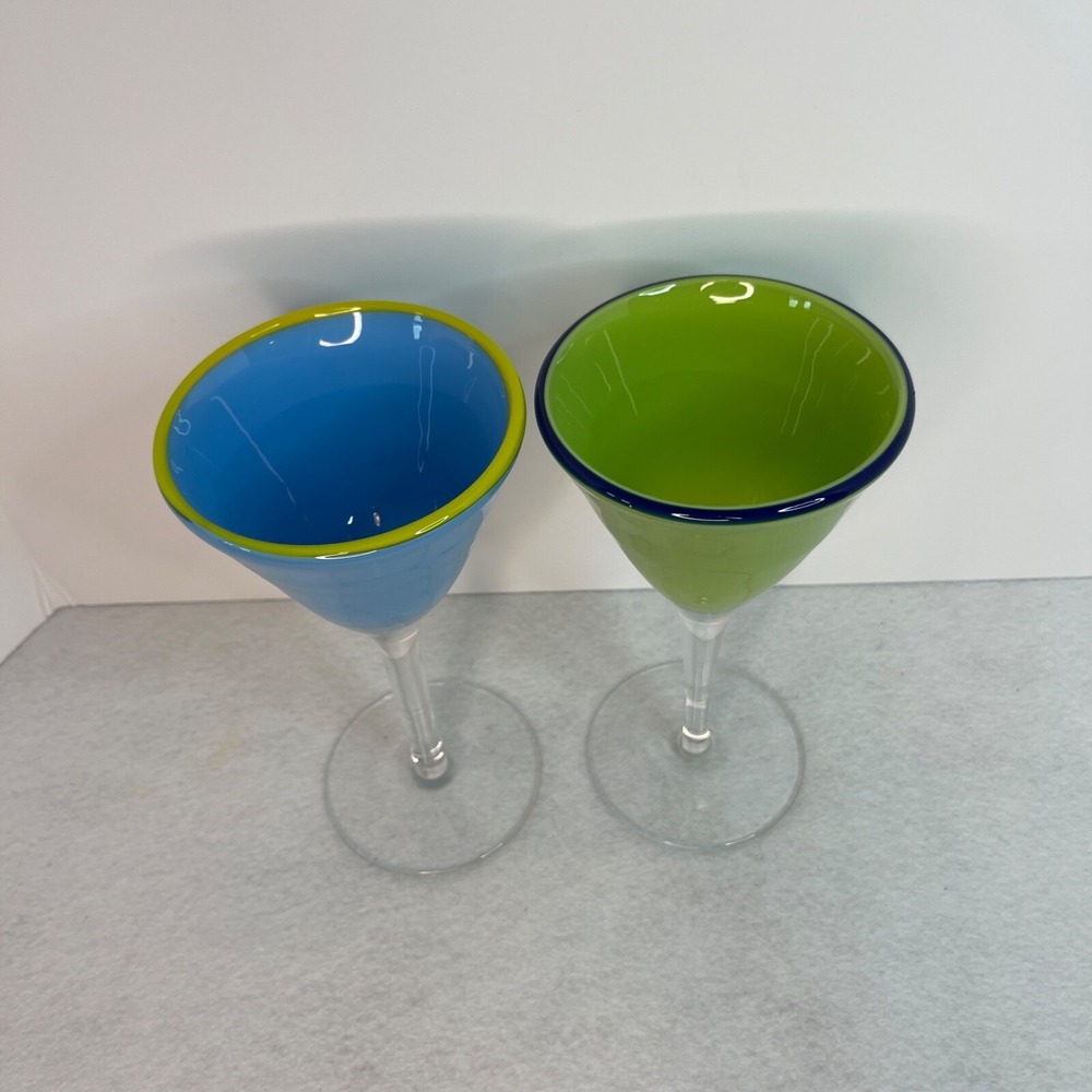 Margarita Martini Cocktail Blown Glass Base Rim Blue and Green Set of 2 - Picture 4 of 12